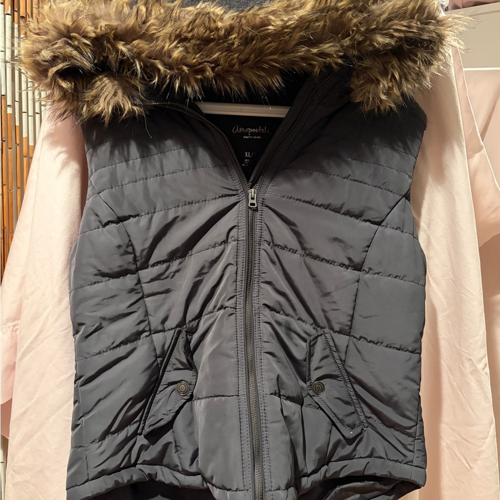 Aeropostale Dark Gray Vest with Faux Fur Hood